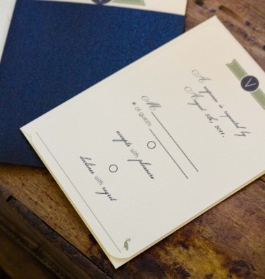Navy and sage green beach inspired pocket wedding invitations
