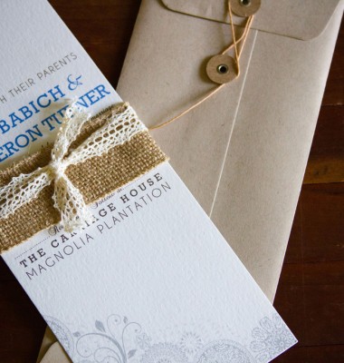 Vintage inspired burlap lace wedding invitations with a perforated RSVP 
