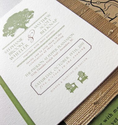 Adirondack chairs and oak trees adorn this rustic wedding invitation