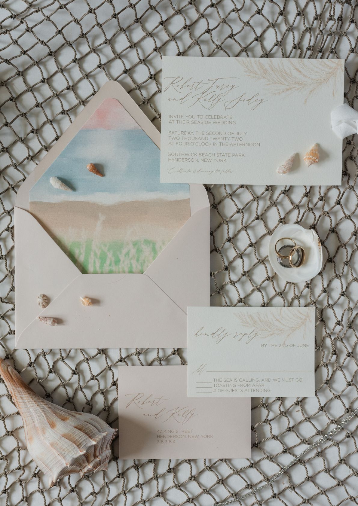 Beach-themed wedding invitation set.