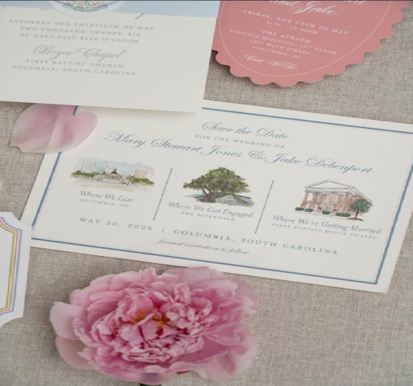 Elegant wedding save-the-date stationery featuring pastel pink and blue accents, venue illustrations, and decorative floral elements on a neutral linen background.