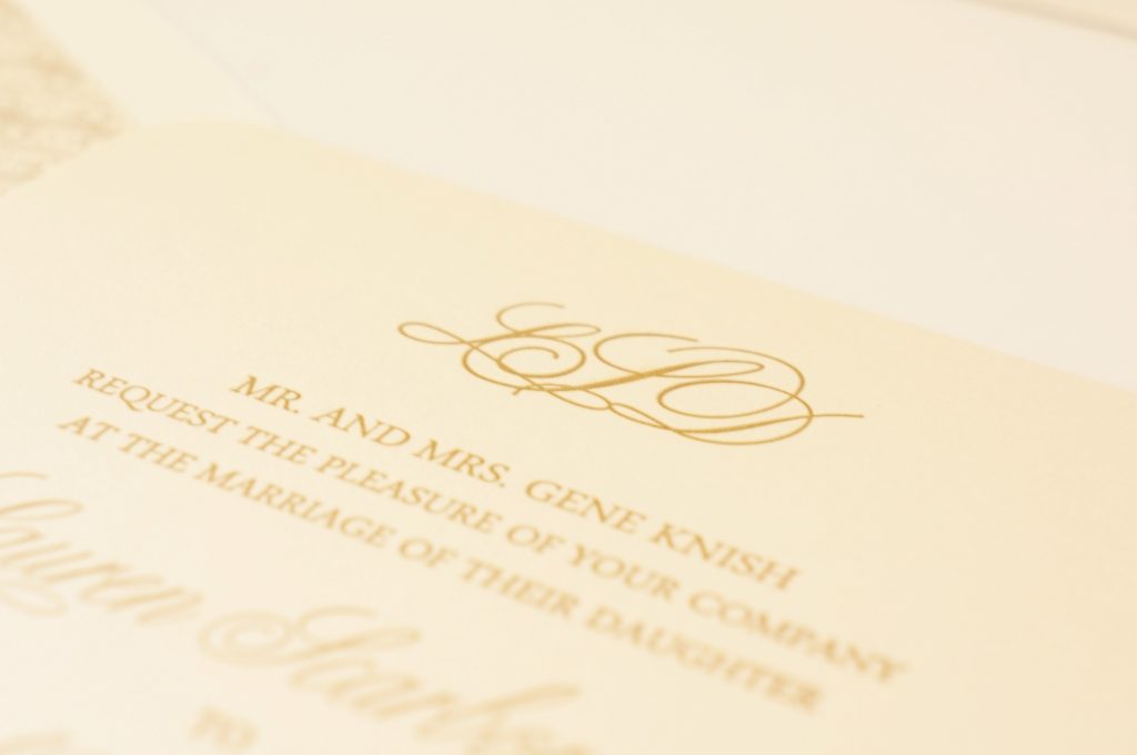 gold monogram wedding invitation